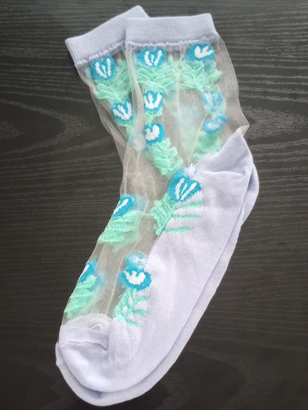 Sheer Floral Blue Green Crew Midcalf Socks